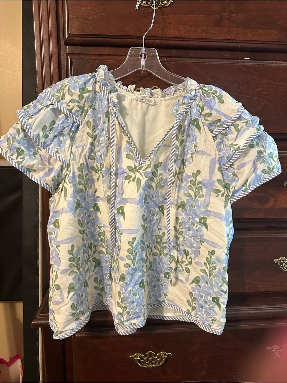 Floral Tie-Neck Peasant Blouse - Blue & Green